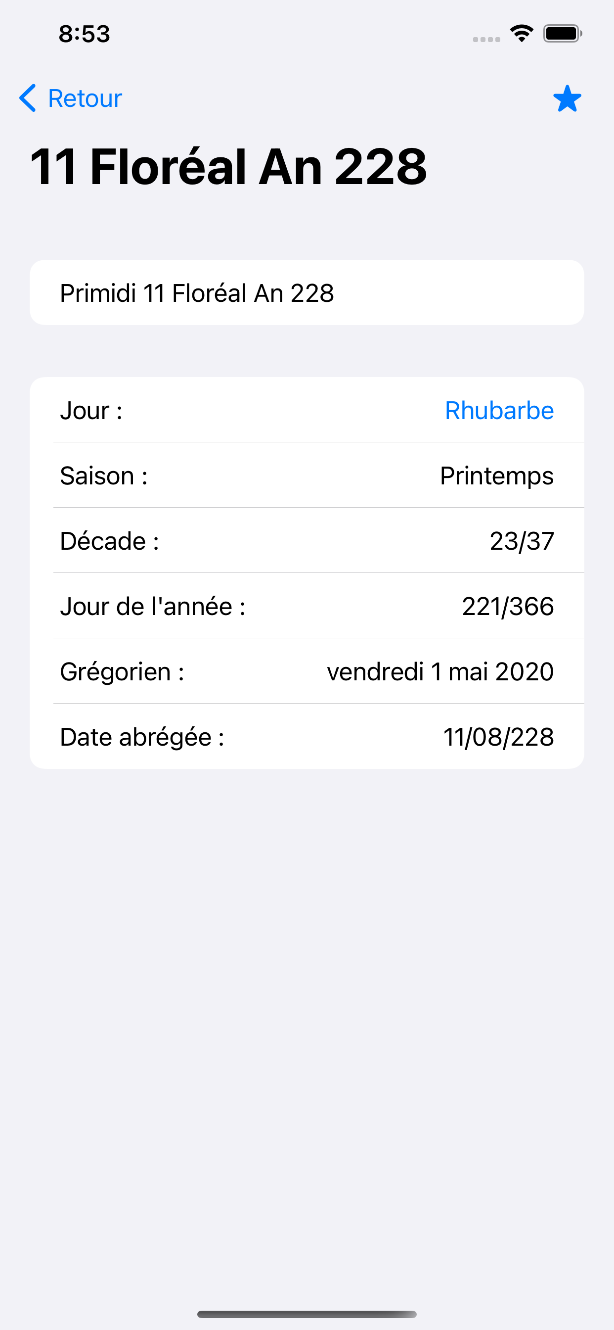 Screenshot of the date details view, with day name and other date components