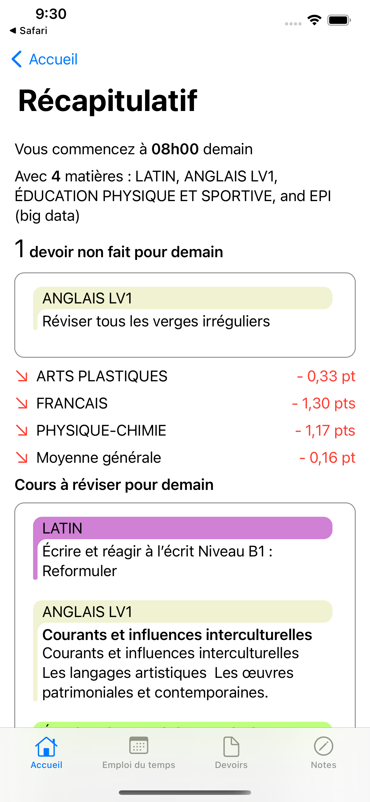 Screenshot of the daily recap view, with the time you start the next day, the subjects you have, the homework to do, the recent changes in subject averages, and the class content to revise