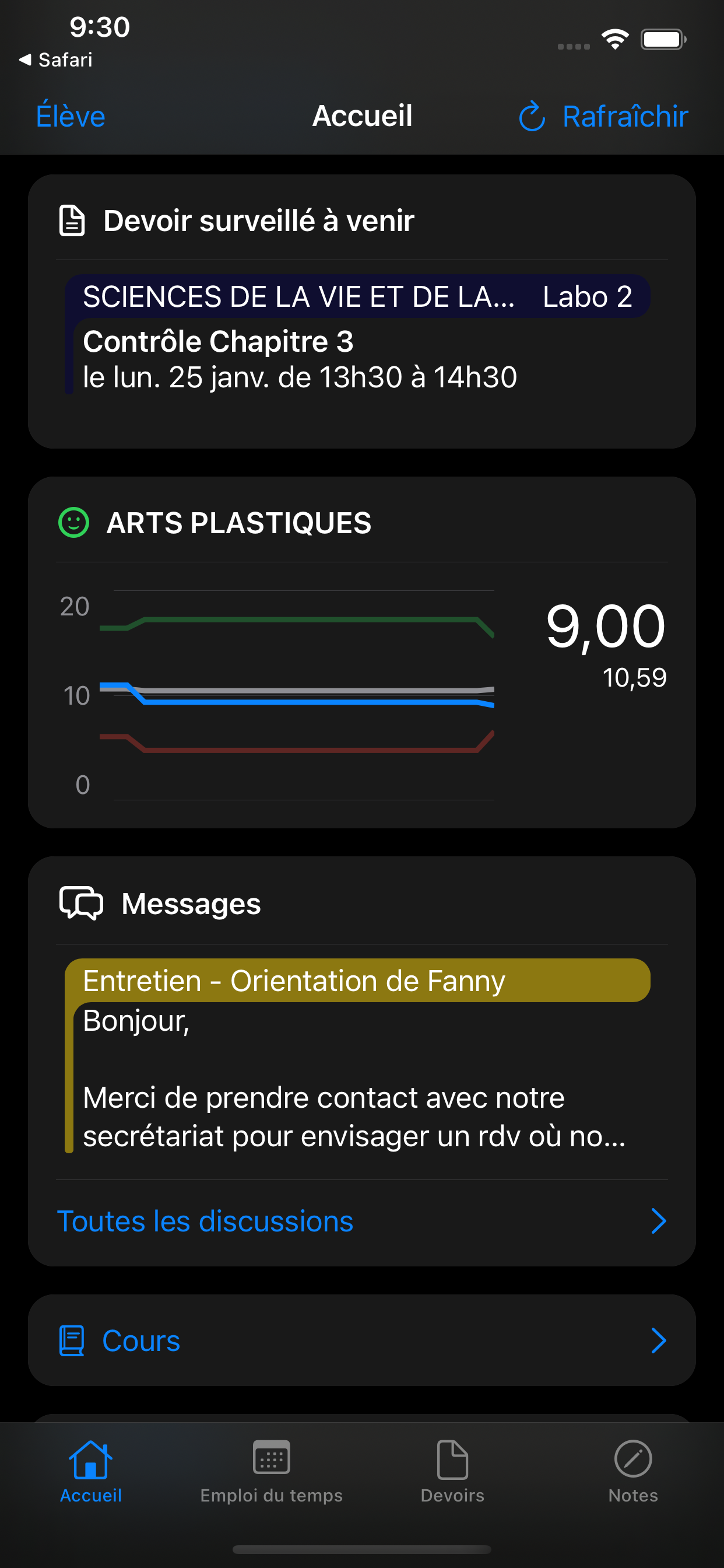 Screenshot of the main view of the app in dark mode, scrolled down to see the upcoming exams, a graph of the subject average changes, and the messages from teachers